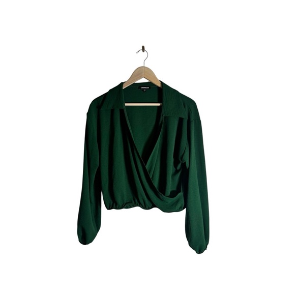 Express Women's Collared V-Neck Long Sleeve Faux Wrap Top Green Size Medium NWT - Picture 2 of 4